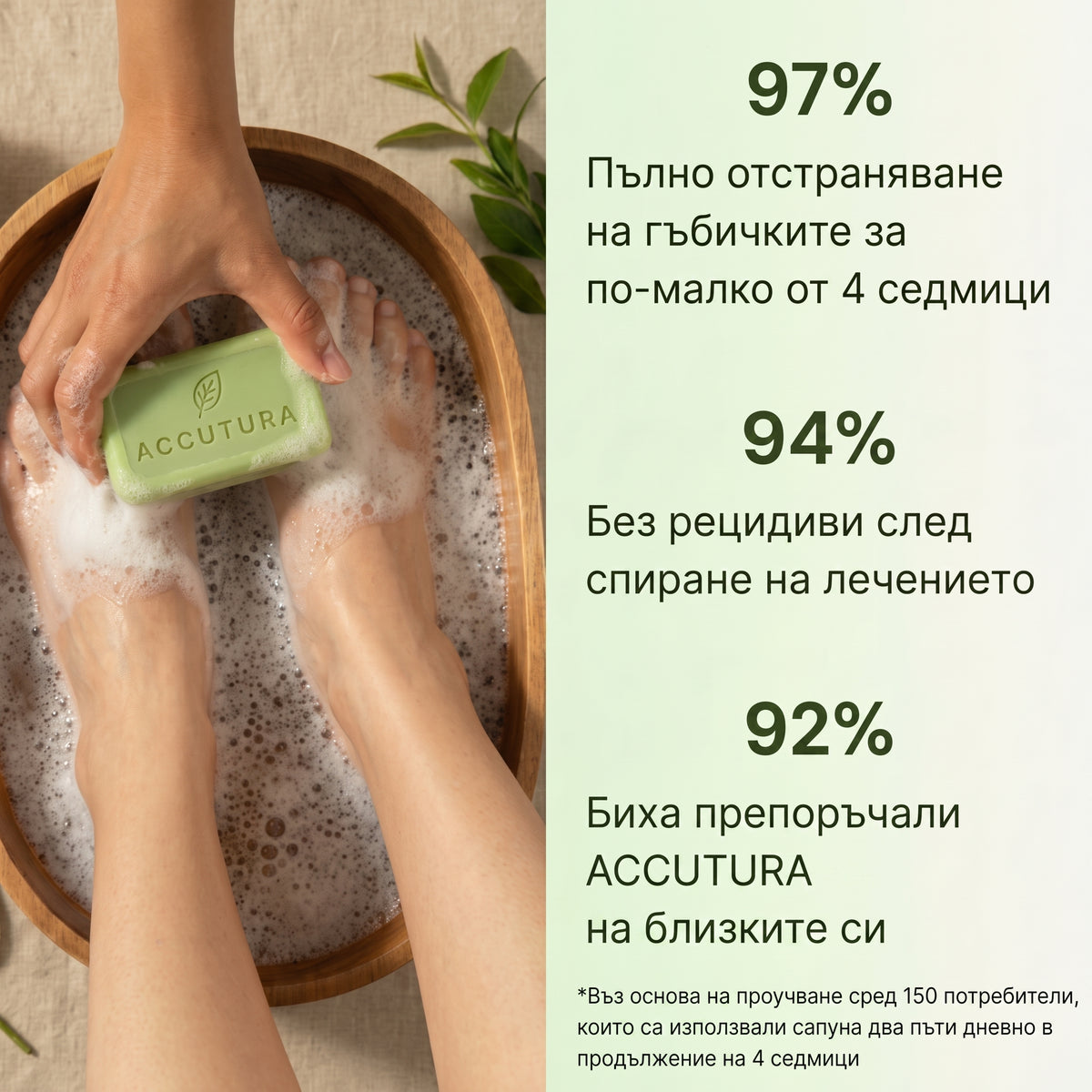 Сапун ACCUTURA FUNGI CLEAR при измиване на краката в дървен леген с пяна