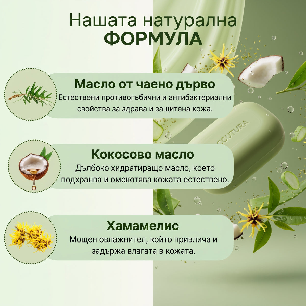 Съставки на FUNGI CLEAR: масло от чаено дърво, кокосово масло и хамамелис